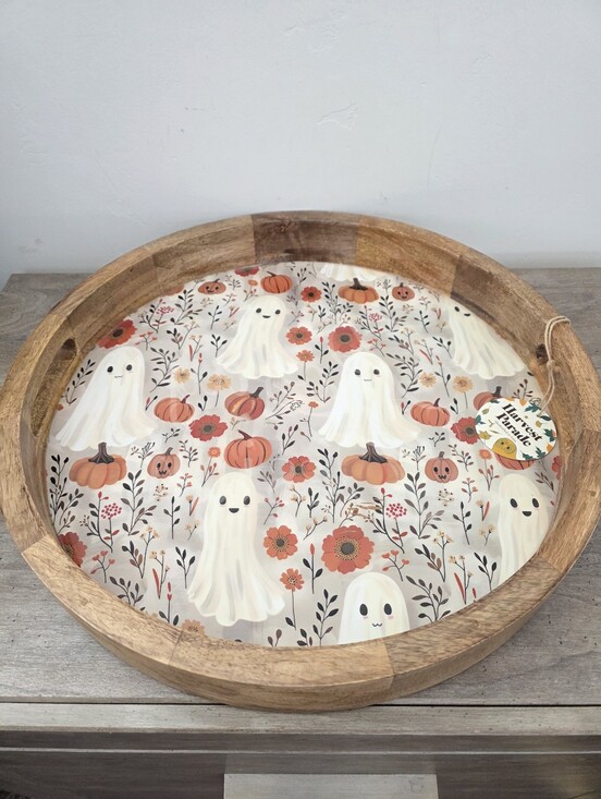 Other - Viral Wooden Serving Tray with Halloween Ghost and Pumpkin Design